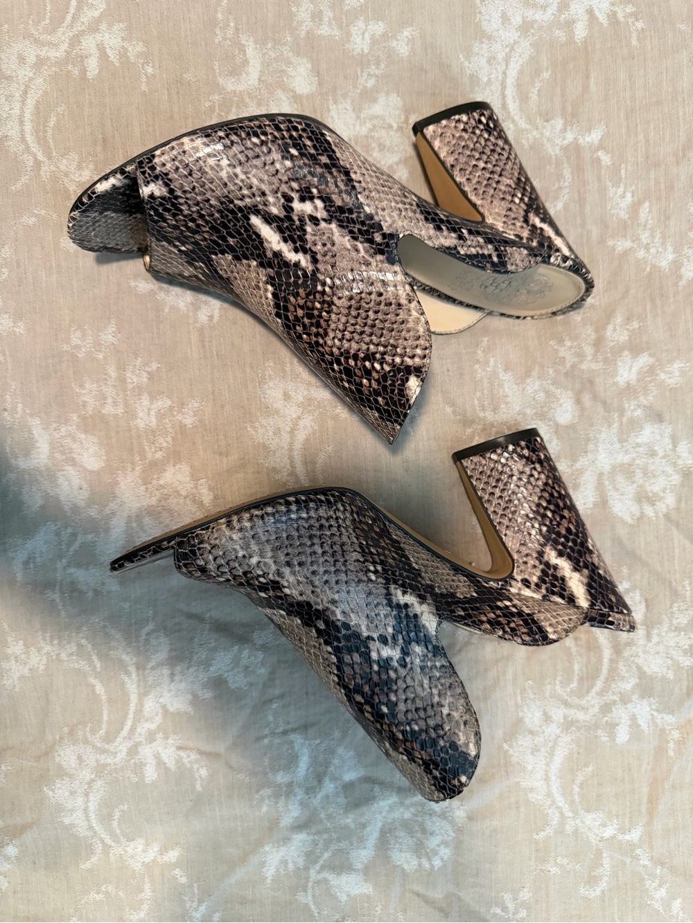 Vince Camuto Snake-Print Peep-Toe Mules, Black/Cream, Size 9M - Picture 4 of 11